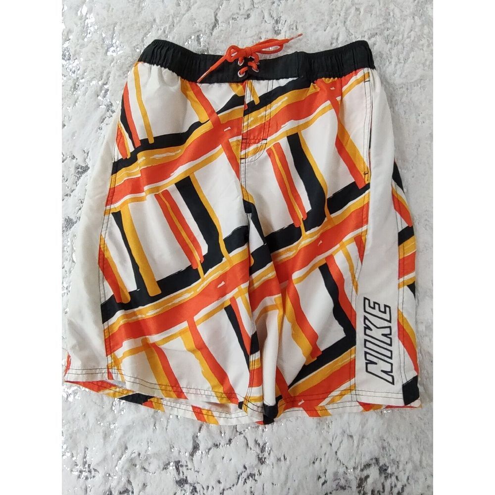 Nike Mens XL Swim Trunks Orange Yellow White Abstract Mesh Lined Board Shorts